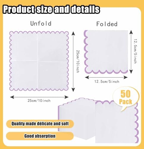 SietDESEO 50 Pieces 3-ply Light Purple Scalloped Napkins Folded 5 x 5 Inches Lavender Disposable Paper Napkin Cocktail Napkins for Dinner Wedding Birthday Party