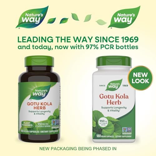 Nature's Way Gotu Kola Herb, Supports Longevity and Vitality*, 950 mg per 2-Capsule Serving, Non-GMO Project Verified, 180 Capsules (Packaging May Vary)