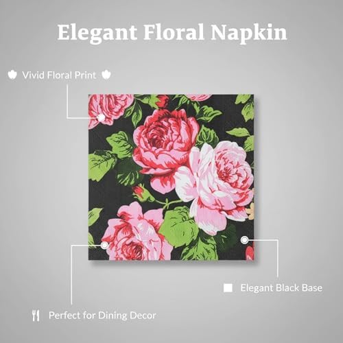 Elegant Black Rose Paper Napkins Decorative Dinner Napkins Disposable Party Napkins Holiday Spring Summer Serviettes Paper Decoupage (20-Count)