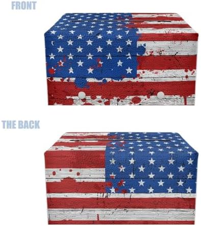 American Flag Print Tissue Box Cover 4th of July Celebration Home Decor Leather Tissue Cover Napkin Holder Organizer Rectangular Design Fit Size 9.7"x5.2"x5.12"
