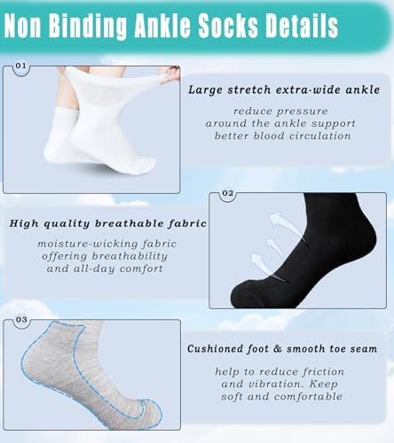 Men's Diabetic Socks Extra Width for Swollen Wide Feet,Neuropathy,Bariatric,Non Binding Loose Fit Ankle Sock 6 Pairs