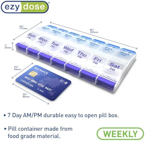 EZY DOSE Push Button (7-Day) Pill Case, Medicine Planner, Daily Vitamin Organizer, 2 Times a Day AM/PM, X-Large Compartments, Arthritis Friendly, Easy to use, Clear Lids, Purple and Blue, BPA Free