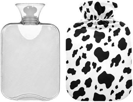 Cute Black Cow White Hot Water Bottle with Soft Velvet Cover Hot Water Bag for Neck and Shoulder Pain Relief Small