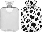 Cute Black Cow White Hot Water Bottle with Soft Velvet Cover Hot Water Bag for Neck and Shoulder Pain Relief Small