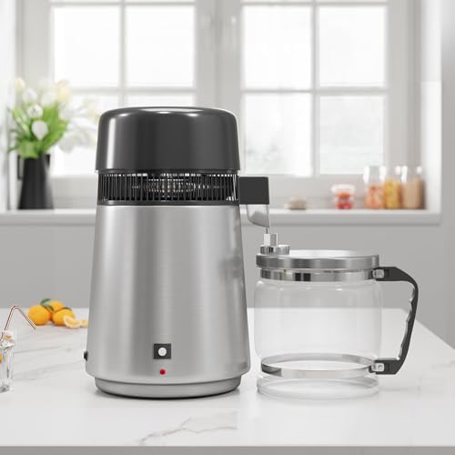 4L Countertop Stainless Steel Distilled Water Purifier, Distilled Water Making Machine with Glass Container, Ideal for Household, Workplace, Lab, and Aquarium Usage-Silver