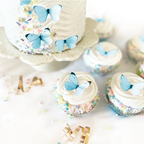 Sugar Robot Edible Butterflies for Cake Decorating - Small Pastel Blue Butterfly Cake Toppers and Cupcake Toppers - Decoration Made in the USA - Premium Crafted (Blue)