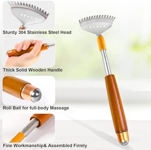 Back Scratcher, Metal Back Scratcher Telescopic Wooden Handle with Steel Roller Ball- Wide Claw, Portable Face Head Scalp Butt Scratcher Back Massager Tool