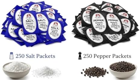 Salt and Pepper Packets - 250 Pack Iodized Salt, 250 Pack Pepper Combo, Total 500 Individual Wrapped Packets, 250 of Each, For Travel, Camping, Everyday Use