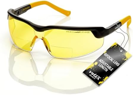 voltX GT ADJUSTABLE Bifocal Reading Safety Glasses (YELLOW Lens +2.5), ANSI Z87.1+ & CE EN166FT, Anti fog coated, UV400 Lens, Tilt & length adjustable earstems, clip on safety cord