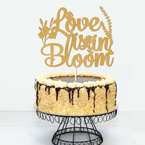 Love is in Bloom Cake Topper - Floral Bridal Shower Decor, Wildflower Themed Bridal Shower Engagement Wedding Party Decorations Gold Glitter