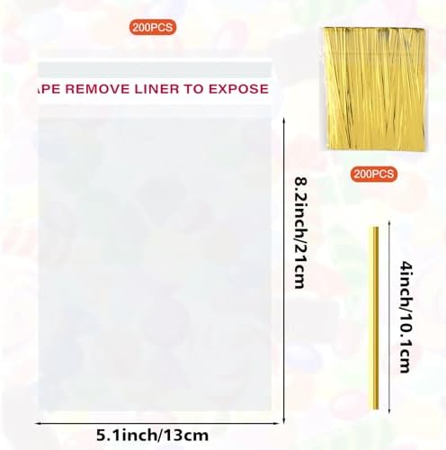 200Pcs Cookie Bags 5x8 Inches Self Sealing Cellophane Bags Plastic Resealable Clear Cookie Bags with Twist Ties for Cookies Packaging Candy Treat Party Favors Bag