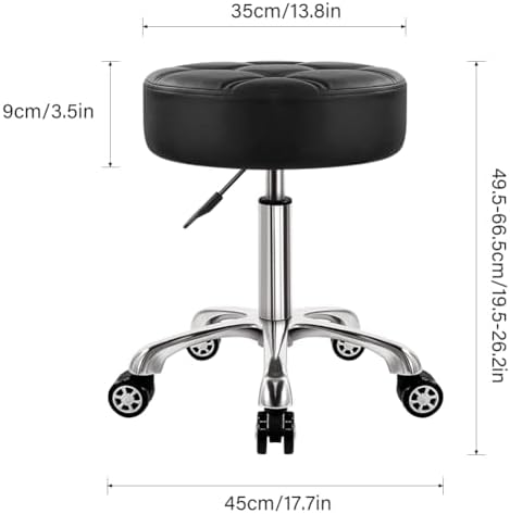 Heavy Duty Rolling Stool with Wheels Hydraulic Lift 360 Swivel Adjustable Rolling Chair Thick Leather Ergonomic Seat Stool Chair for Kitchen Drafting Lab Office Salon Massage Black