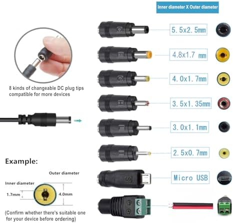 GuanTing Universal AC Adapter 6V 2A Power Supply with 8 DC Plug Tips AC110V to DC6V Power Driver for Digital Blood Pressure Monitor 6v Charger Transformer AC DC Adapter (DC6V-2A)