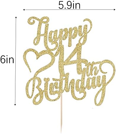 Gold Glitter Happy 14th Birthday Cake Topper - 14 Anniversary/Birthday - Hello 14, Cheers to 14 Years,14 & Fabulous Cake Topper Party Decoration