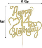 Gold Glitter Happy 14th Birthday Cake Topper - 14 Anniversary/Birthday - Hello 14, Cheers to 14 Years,14 & Fabulous Cake Topper Party Decoration