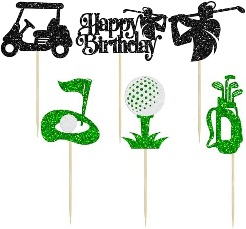 Ephlyn 24Pcs Golf Cupcake Toppers Glitter Trophy Lawn Golf Shoes Bag Ball Carts Cupcake Picks for Golf Sports Player Theme Baby Shower Birthday Party Cake Decorations Supplies