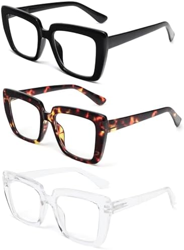 REAVEE 3 Pack stylish Reading Glasses for Women, Blue Light Blocking Readers Oversized Frame with Spring Hinge Clear Lens