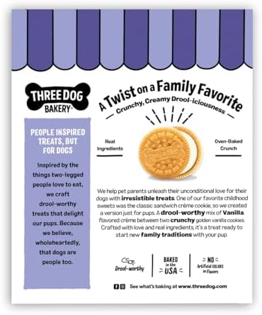 Three Dog Bakery Lick'n Crunch! Golden & Vanilla Sandwich Cookies, Dog Treat, Puppy Cookies with Real Ingredients, Dog Birthday Treat, Training Reward