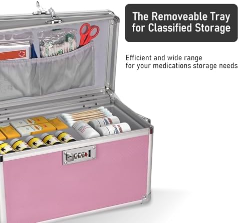 Medicine Box with Combination Lock - 15" x 8.7" x 9.4" First Aid Safe Medication Storage Case, Personal Items Safe Case for Hospital & Home & Outdoor 【Pink】