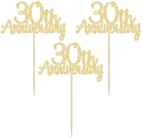 Gyufise 24 Pack 30th Anniversary Cupcake Toppers Picks Gold Glitter Happy Birthday Cake Decorations for Cheers to 30 Wedding Retirement Party Supplies