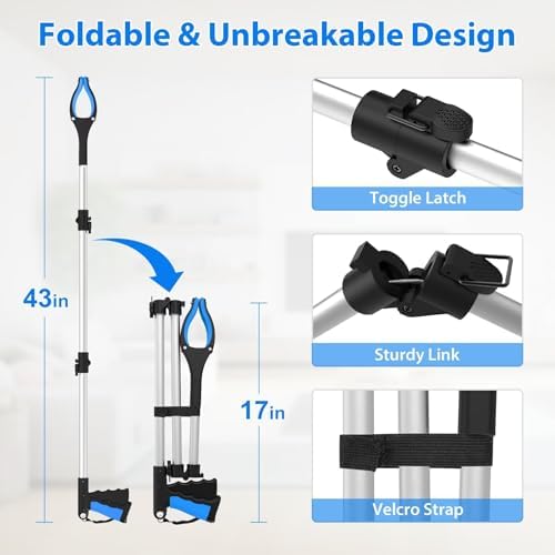 43" Grabber Reacher Tool, Foldable Reacher Grabber Pickup Tool with 360° Rotating Jaw & Two Magnets, Extra Long Trash Picker Upper Grabber, Extension Grabbers for Seniors, Blue