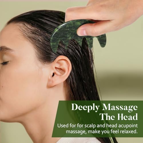 Green Jade Scalp Massage, Natural Gua Sha Comb for Head Relaxation, Wide Tooth Jade Comb for Blood Circulation, Multifunctional Massage Tool for Home Use