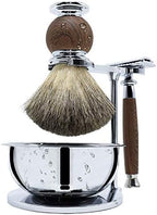 Jolitac Wet Shaving Kit For Men - Badger Hair Shaving Brush, Shaving Stand, Stainless Steel Shaving Bowl Mug, Double Edge Safety Razor, Men's Safety Razor Grooming Gift Set (Wood)
