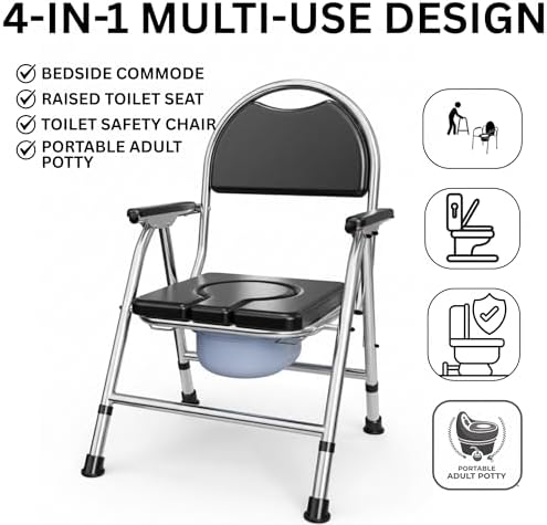 KUYRA 4-in-1 Bedside Commode Chair for Seniors, Folding Adjustable Height Portable Toilet with Arms & Backrest, Removable Bucket, Raised Toilet Seat, Disabled, Pregnant PU Soft Seat (Holds 350 lbs)