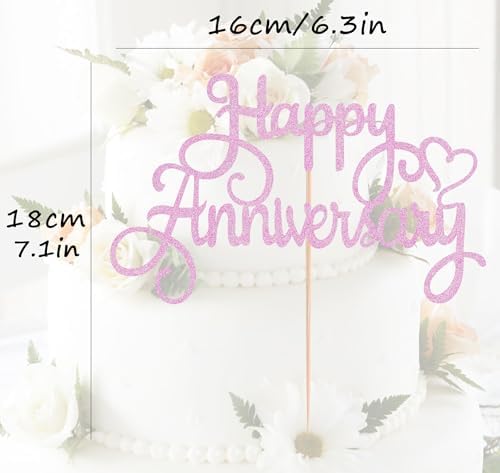 Happy Anniversary Cake Topper - Pink Glitter Cake Decorations Supplies - Birthday Cake Bunting Decor, for Photo Booth Props