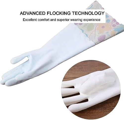 Bamllum 2 Pairs Rubber Cleaning Gloves, Household Kitchen Dishwashing Gloves with Cotton Flocked Liner, Long Cuff 16 Inches (Yellow+Pink, Medium)
