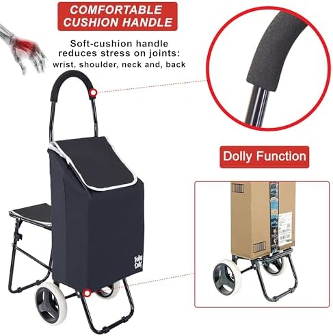 dbest Products Trolley Dolly Sport with Chair – Foldable Grocery Cart on Wheels – Multi Use Rolling Cart with Built-in Seat, Removable Bag, and Hand Truck Dolly Function, Black