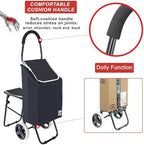 dbest Products Trolley Dolly Sport with Chair – Foldable Grocery Cart on Wheels – Multi Use Rolling Cart with Built-in Seat, Removable Bag, and Hand Truck Dolly Function, Black