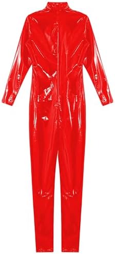Hedmy Men's Shiny Metallic PVC Leather Full Body Zentai Zipper Catsuit Clubwear Jumpsuit Bodysuit