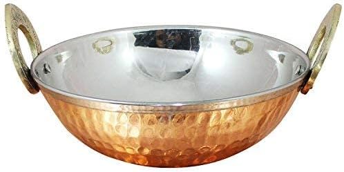 ® Set of 4, Pure Copper, Stainless Steel Bowls with Solid Brass Handle Serveware Accessories Karahi Pan for Indian Food,Diameter- 6.9 Inches, Silver