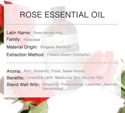 Rose Essential Oil 100ML, 100% Pure Natural Rose Oil for Hair Face Skin Care, Premium Grade Essential Oils for Diffuser, Skin, Care Massage, Yoga, Bath, Soap and Candle Making