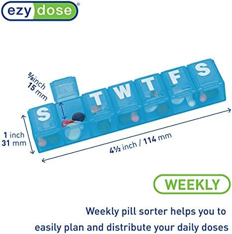 EZY DOSE Weekly (7-Day) Daily Pill Case, Medicine Planner, Vitamin Organizer, Supplement Container Box, Small Compartments, Travel Friendly and Convenient, Color May Vary (Randomly Selected), BPA Free