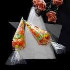 100 Pieces Popcorn Bags for Party Cone Shape Bags Transparent Cello Bags Sweet Clear Treat Bags with 100 Pieces Twist Ties, 5.1 x9.8 Inch (Gold Twist Ties)