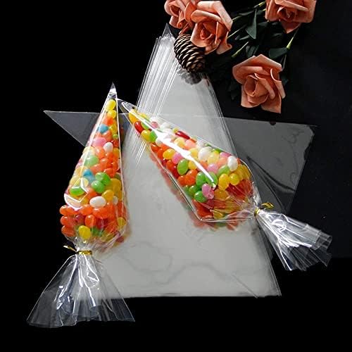 100 Pieces Popcorn Bags for Party Cone Shape Bags Transparent Cello Bags Sweet Clear Treat Bags with 100 Pieces Twist Ties, 5.1 x9.8 Inch (Gold Twist Ties)