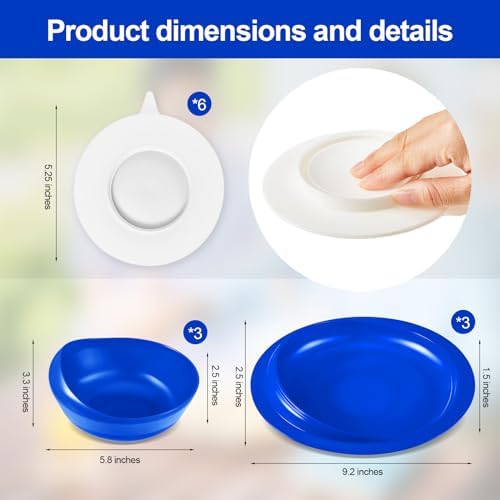 Hushee 3 Sets Adaptive Spill Proof Scoop Bowl and Plate Set with Suction Base Non Skid Self Feed Suction Dinnerware for Elderly Disabled Handicapped from Parkinsons Tremor (Blue)