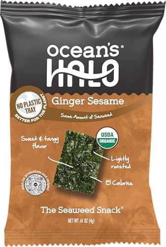 Ocean’s Halo Organic Seaweed Snacks – Ginger Sesame, Trayless, Vegan, Crispy Salty Snacks, 20-Pack (0.14 oz each)