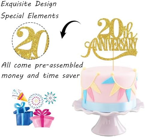 Gold Glitter 20th Anniversary Cake Topper - for Happy 20th Wedding Anniversary / 20 Birthday Party/Cheers to 20 Years Party Decorations