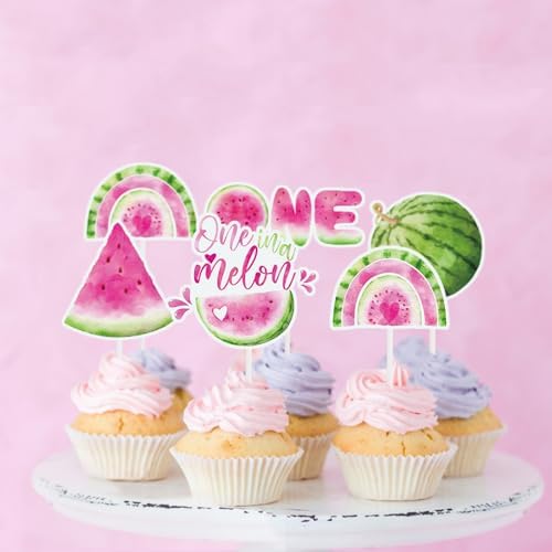 24Pcs Watermelon Cupcake Toppers One in A Melon Themed Cake Treat Picks for Baby Watermelon First Birthday Party Supplies