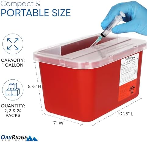 Oakridge Products Large Sharps Container for Home Use and Professional 1 Gallon (24-Pack), Biohazard Needle and Syringe Disposal, Pop Up Lid, CDC Certified