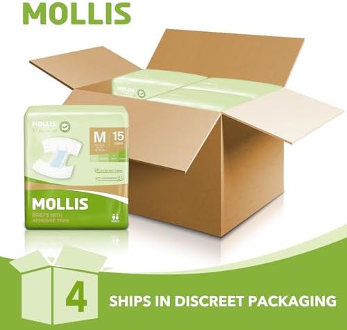 MOLLIS Adult Diapers for Women and Men, Unisex Disposable Incontinence Briefs with Tabs, Odor Control, Medium, 60 Count (4 Packs of 15)