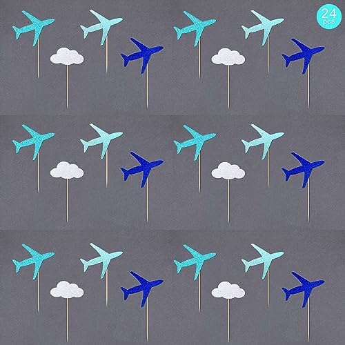Gexolenu 24 Pcs Blue Airplane Cupcakes Toppers Glitter Double-Sided Cloud Plane Cupcake Picks For Baby Shower Decorations Wedding Anniversary Kids Birthday Party Supplies