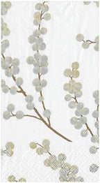 Caspari Berry Branches Paper Guest Towel Napkins in White & Silver - Two Packs of 15