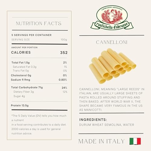 Rustichella d'Abruzzo Cannelloni (2 Pack) - 20 Large Pasta Tubes for Stuffing Per Package - Classic Durum Wheat Pasta from Italy, Perfect for Baking