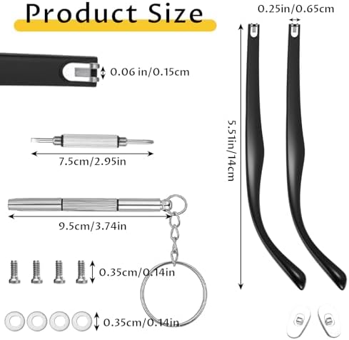 Ptwola Glasses Replacement Temple Eyeglass Arms Legs Replacement Repair Accessories with Screws, Washers, Screwdriver, Nose Pads (Black)