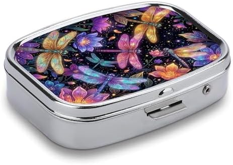 Metal 2 Compartment Pill Organizer Travel Friendly Portable Compact Pill Box Cute Pill Case,for Pocket Wallets Daily Portable Medicine Vitamin Tablet Storage (Painted Dragonfly)