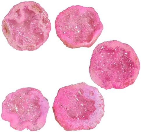 moonsix Pack of 2 Angel Aura Quartz Geode Crystals for Reiki Healing, Titanium Coated Irregular Specimen for Home Office Decor, Pink